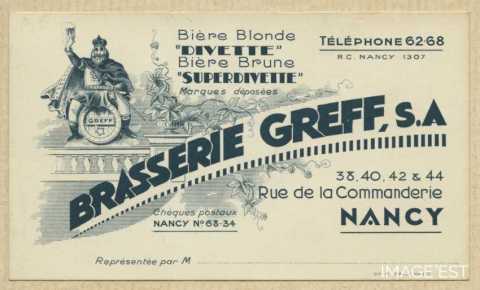Carton publicitaire de la brasserie Greff (Nancy)